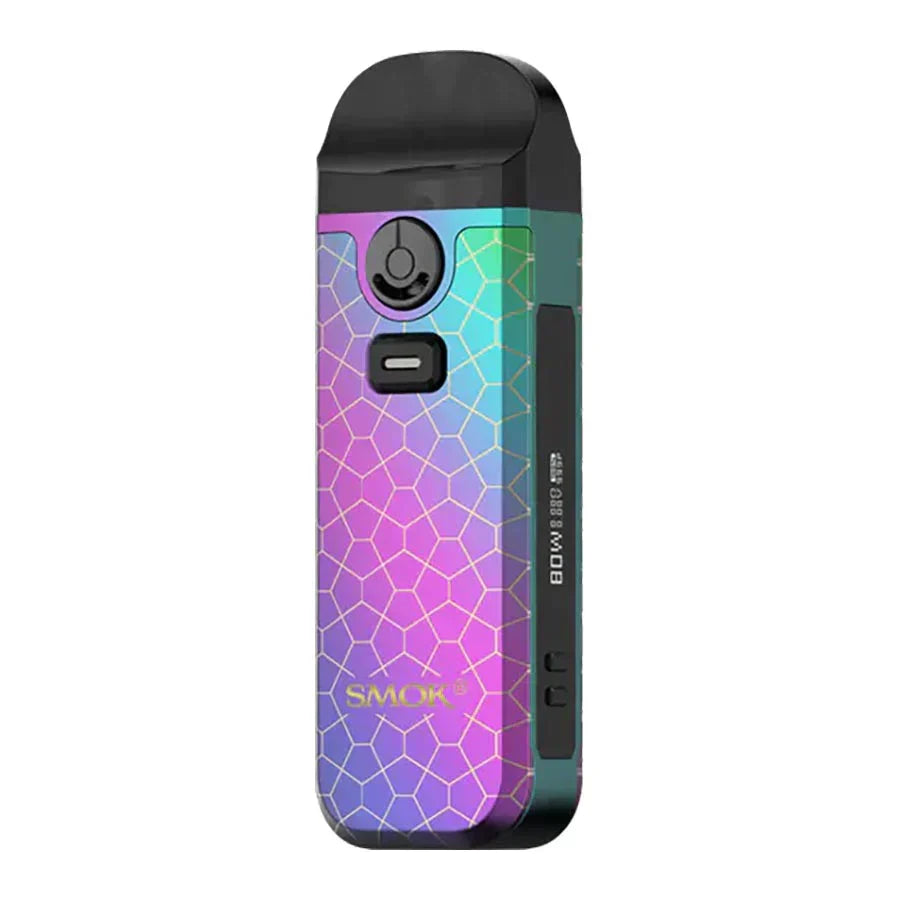 SMOK Nord 4 Kit with a vibrant rainbow honeycomb pattern, black mouthpiece, and display screen.