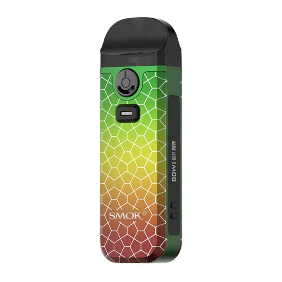 SMOK Nord 4 Kit with a vibrant rainbow honeycomb pattern, black mouthpiece, and display screen.