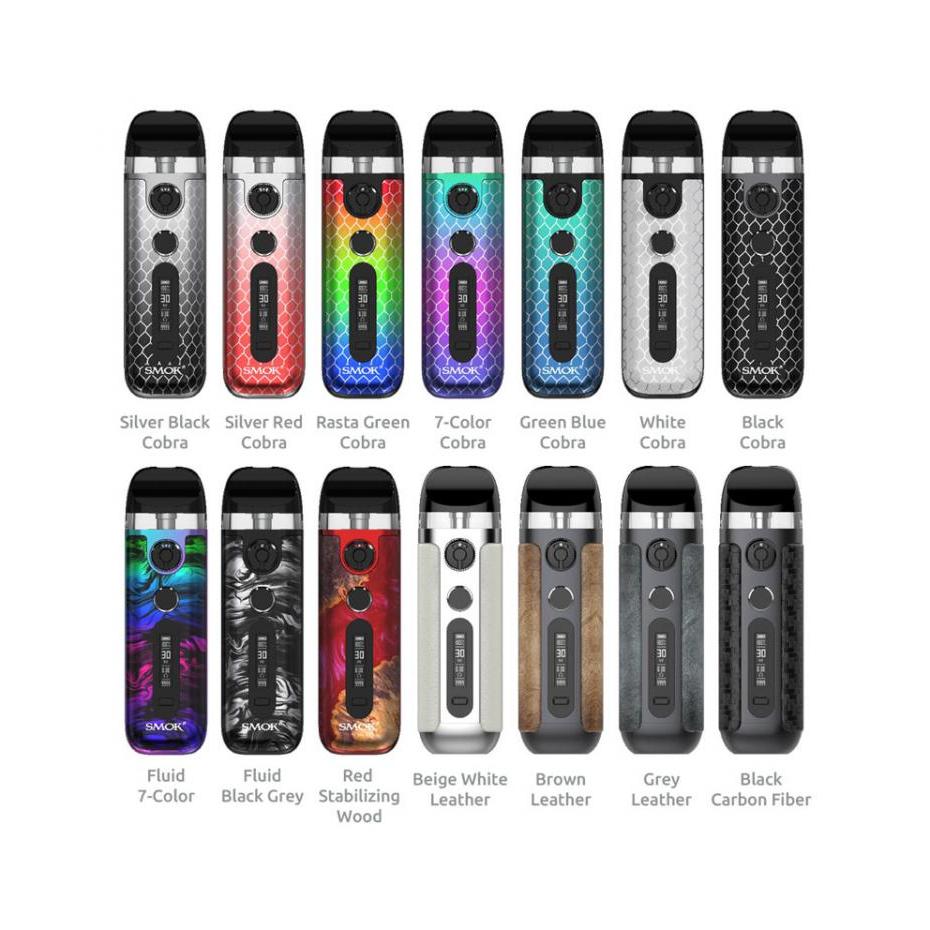 SMOK Novo 5 [CRC] vape device in various colors and finishes, including cobra, leather, and carbon fiber.