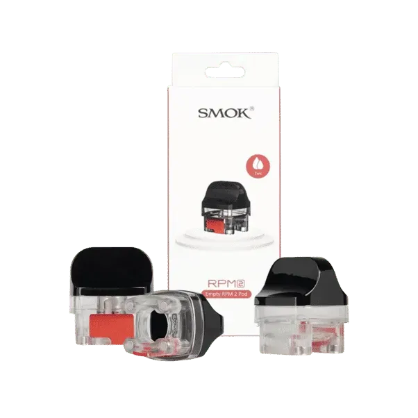 SMOK RPM 2 Replacement Pods with black mouthpiece and clear reservoir, shown with product packaging.
