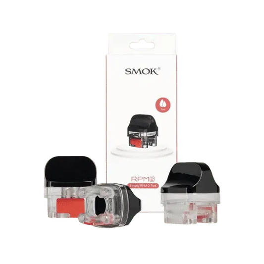 SMOK RPM 2 Replacement Pods with black mouthpiece and clear reservoir, shown with product packaging.