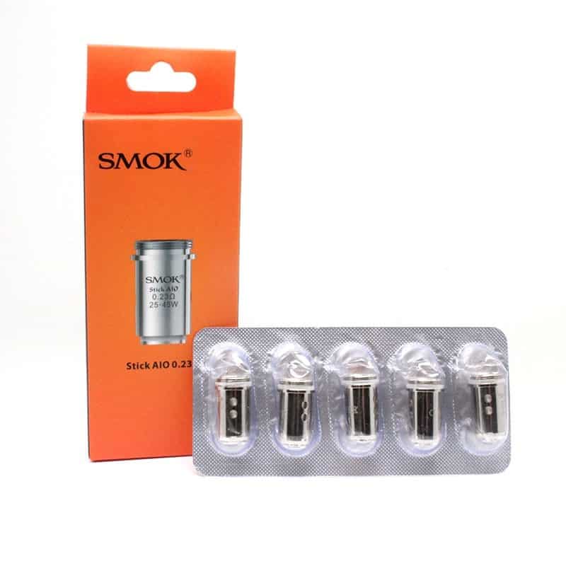 SMOK Stick AIO 0.23 ohm coils in a blister pack next to an orange SMOK branded box.