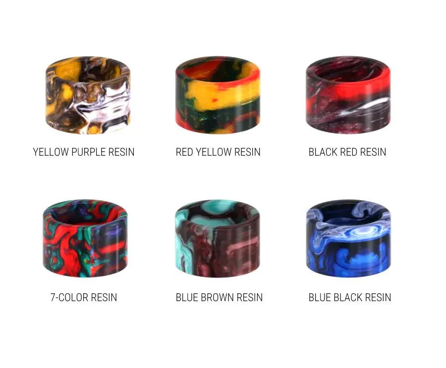 Six SMOK TFV16/TFV8/TFV8 Baby V2 resin drip tips in various marbled colors, including yellow purple, red yellow, black red, 7-color, blue brown, and blue black.