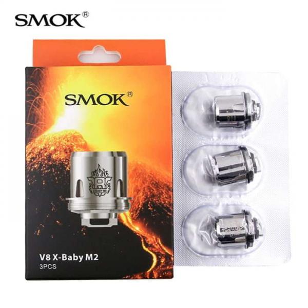 SMOK TFV8 X-Baby M2 coils, 3-pack, with silver-toned metal coils and orange volcano packaging.