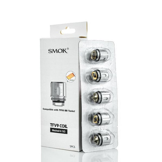 SMOK TFV9 Meshed 0.15Ω coils, 5-pack in blister packaging, compatible with TFV8 BB Tanks.