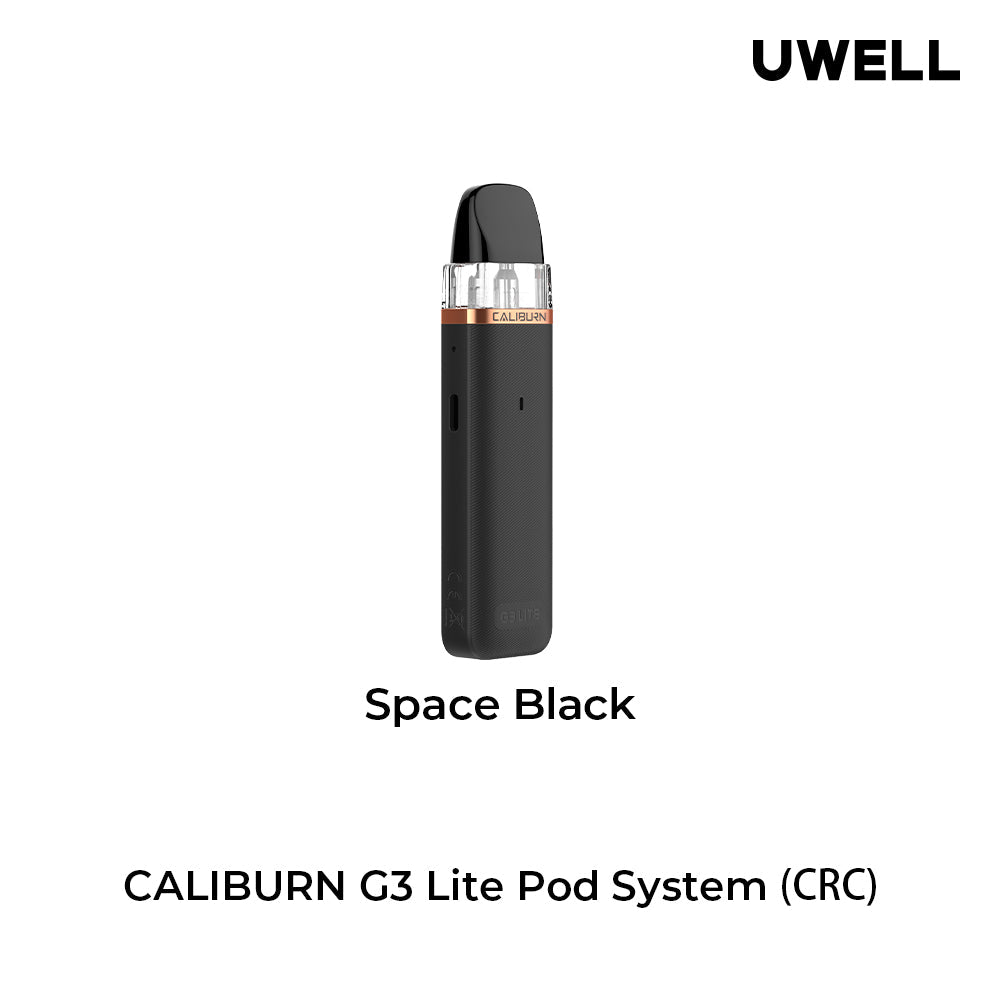 Uwell Caliburn G3 Lite Pod Kit in black, showing front, back, side views, and top/bottom of the pod.