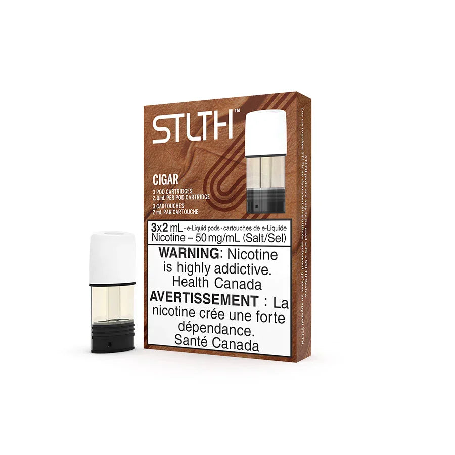 STLTH Cigar (PROVINCIAL) 3-pack pods, brown box with white and clear vape pods.