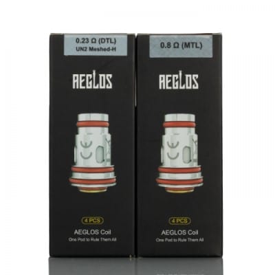 Two Uwell Aeglos replacement coils, white with red O-rings, showing 0.8Ω and 0.23Ω UN2 Meshed-H options.