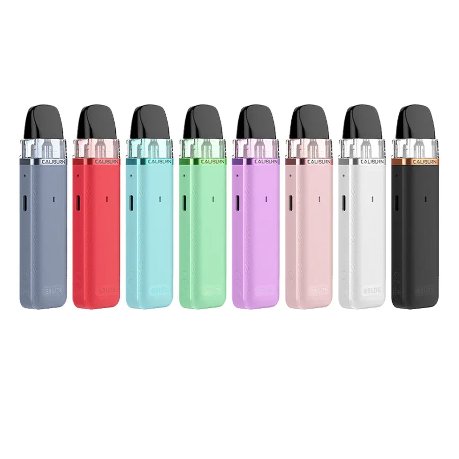 Uwell Caliburn G3 Lite Pod Kit in black, showing front, back, side views, and top/bottom of the pod.