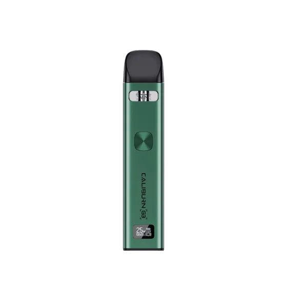 Silver Uwell Caliburn G3 Pod Kit with black mouthpiece, square button, and digital display.