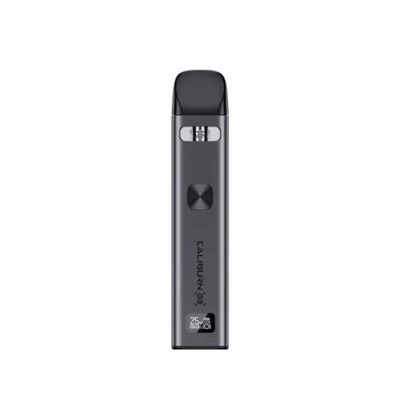 Silver Uwell Caliburn G3 Pod Kit with black mouthpiece, square button, and digital display.