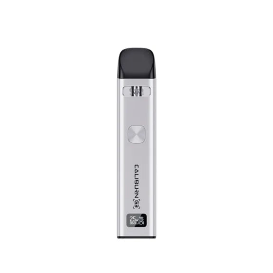 Silver Uwell Caliburn G3 Pod Kit with black mouthpiece, square button, and digital display.