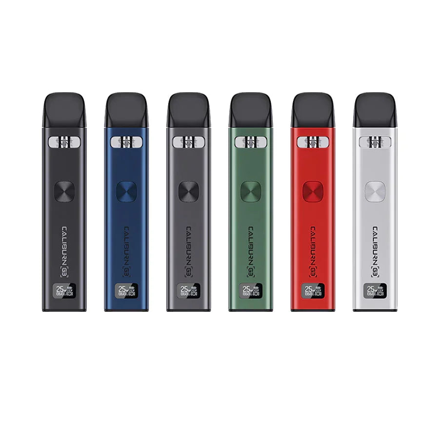 Silver Uwell Caliburn G3 Pod Kit with black mouthpiece, square button, and digital display.