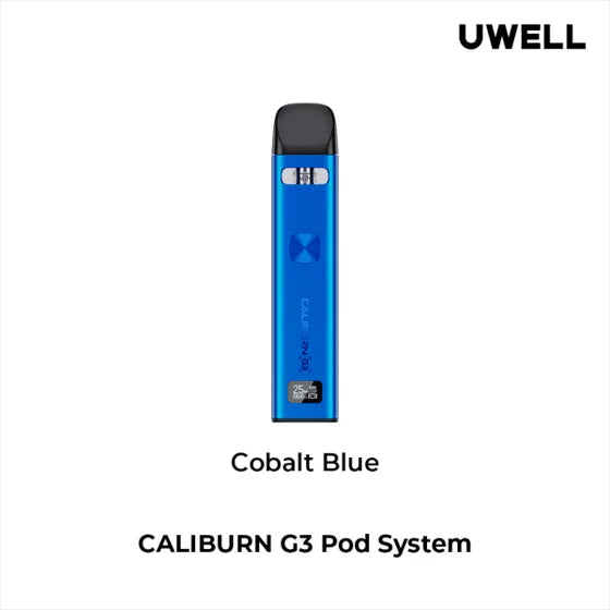 Silver Uwell Caliburn G3 Pod Kit with black mouthpiece, square button, and digital display.