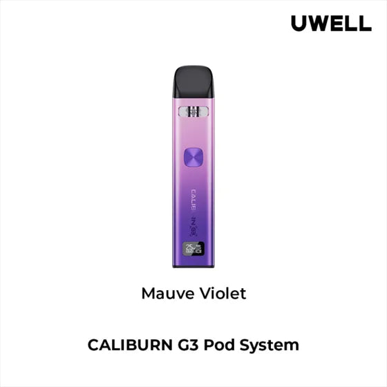 Silver Uwell Caliburn G3 Pod Kit with black mouthpiece, square button, and digital display.