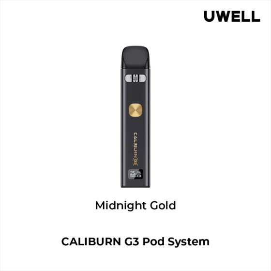 Silver Uwell Caliburn G3 Pod Kit with black mouthpiece, square button, and digital display.