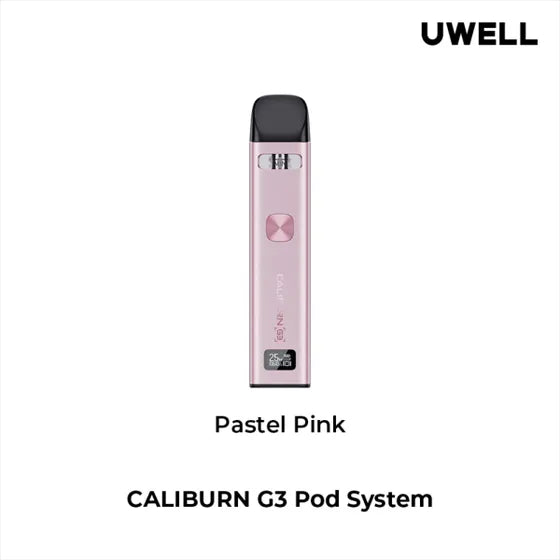 Silver Uwell Caliburn G3 Pod Kit with black mouthpiece, square button, and digital display.