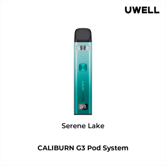 Silver Uwell Caliburn G3 Pod Kit with black mouthpiece, square button, and digital display.