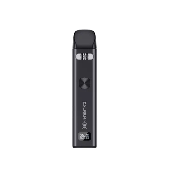 Silver Uwell Caliburn G3 Pod Kit with black mouthpiece, square button, and digital display.