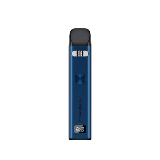 Silver Uwell Caliburn G3 Pod Kit with black mouthpiece, square button, and digital display.