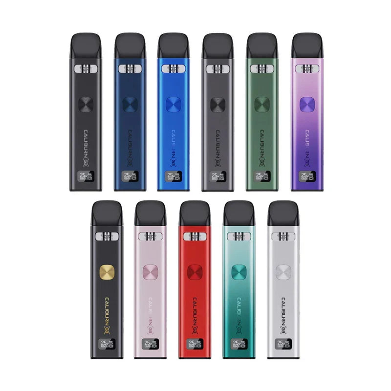 Silver Uwell Caliburn G3 Pod Kit with black mouthpiece, square button, and digital display.