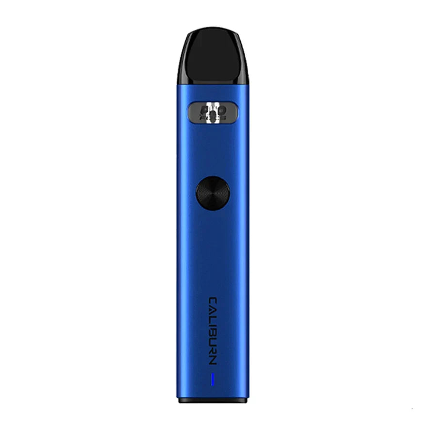 Silver Uwell Caliburn A2 Pod Kit with black mouthpiece, firing button, and green LED light.