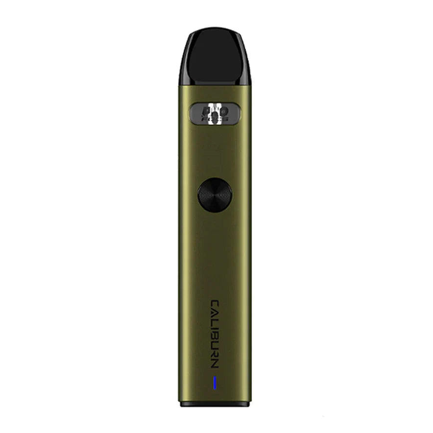 Silver Uwell Caliburn A2 Pod Kit with black mouthpiece, firing button, and green LED light.