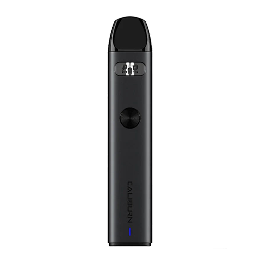 Silver Uwell Caliburn A2 Pod Kit with black mouthpiece, firing button, and green LED light.