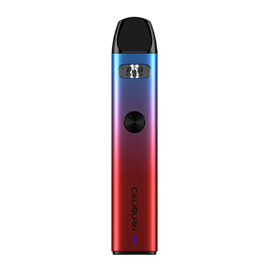 Silver Uwell Caliburn A2 Pod Kit with black mouthpiece, firing button, and green LED light.