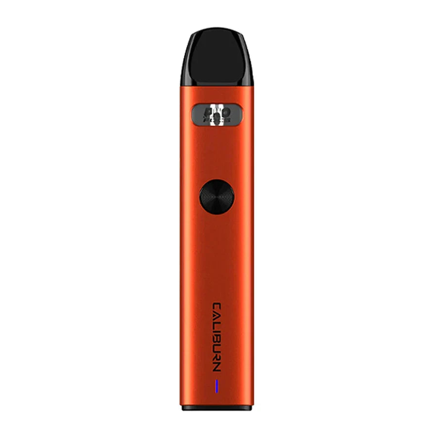 Silver Uwell Caliburn A2 Pod Kit with black mouthpiece, firing button, and green LED light.