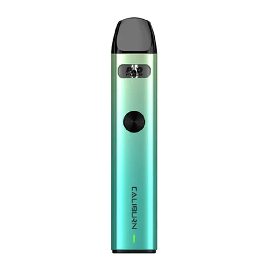 Silver Uwell Caliburn A2 Pod Kit with black mouthpiece, firing button, and green LED light.