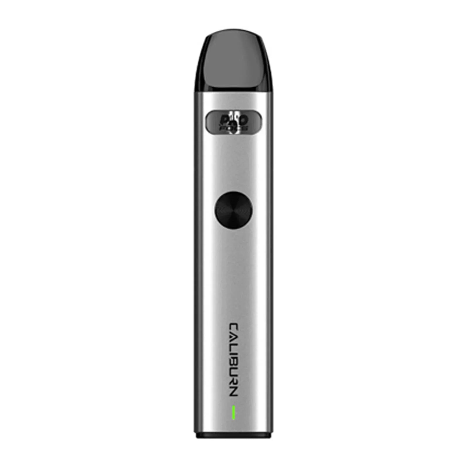 Silver Uwell Caliburn A2 Pod Kit with black mouthpiece, firing button, and green LED light.