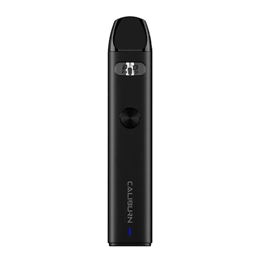 Silver Uwell Caliburn A2 Pod Kit with black mouthpiece, firing button, and green LED light.