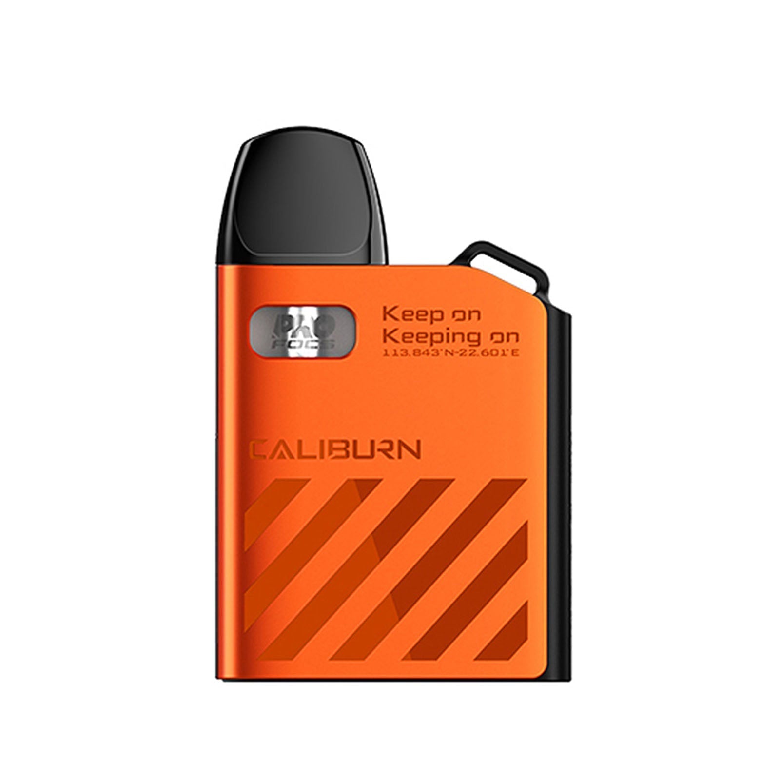 Pink Uwell Caliburn AK2 Pod Kit with black mouthpiece, visible e-liquid window, and "Keep on Keeping on" text.