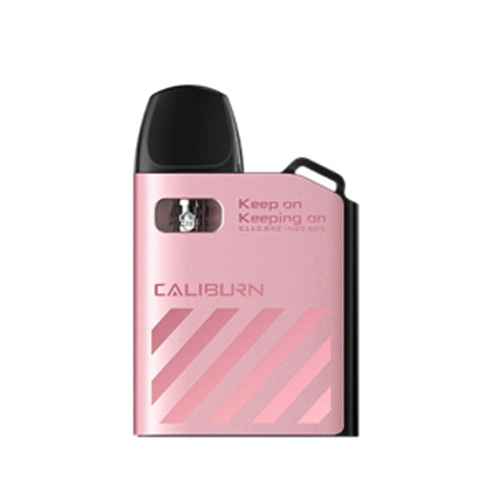 Pink Uwell Caliburn AK2 Pod Kit with black mouthpiece, visible e-liquid window, and "Keep on Keeping on" text.