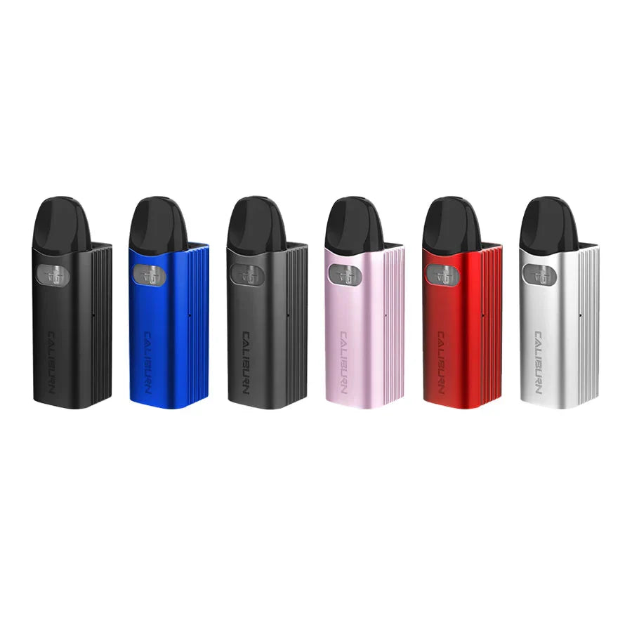 Uwell Caliburn AZ3 Pod Kit in black, blue, gray, pink, red, and silver.