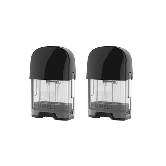Two Uwell Caliburn G empty replacement pods with dark grey tops and clear reservoirs, showing "UWELL" branding.