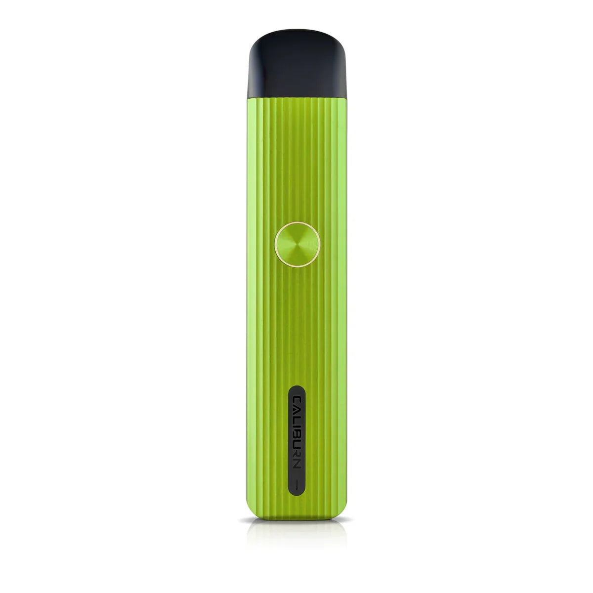 Uwell Caliburn G Pod Kit in gray with vertical ridges, a gold fire button, and black mouthpiece.