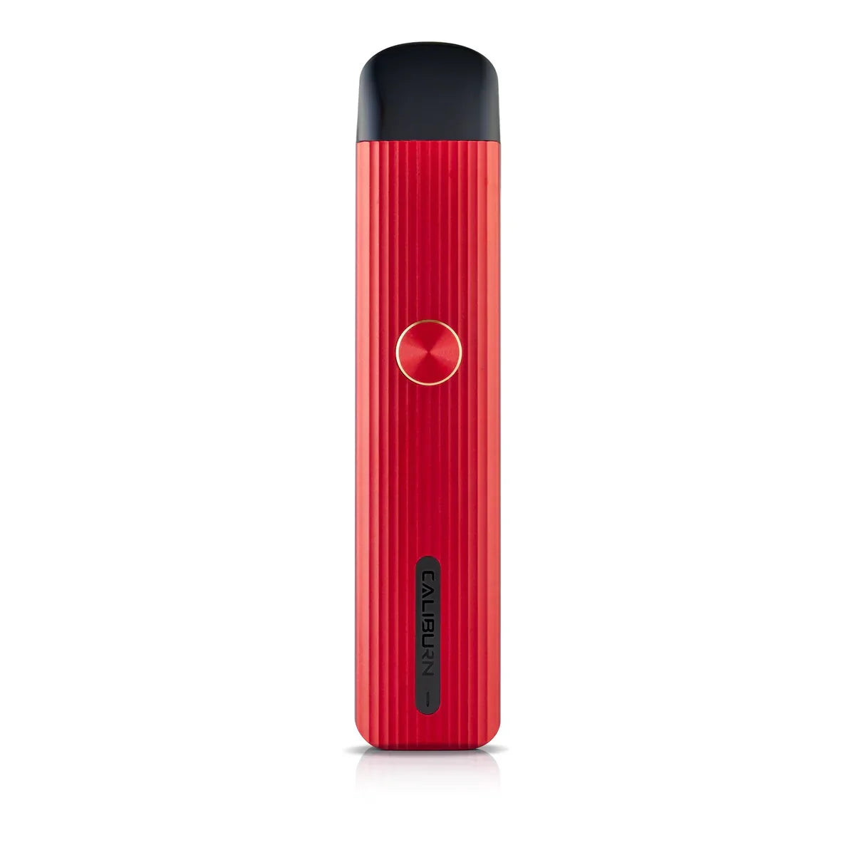 Uwell Caliburn G Pod Kit in gray with vertical ridges, a gold fire button, and black mouthpiece.