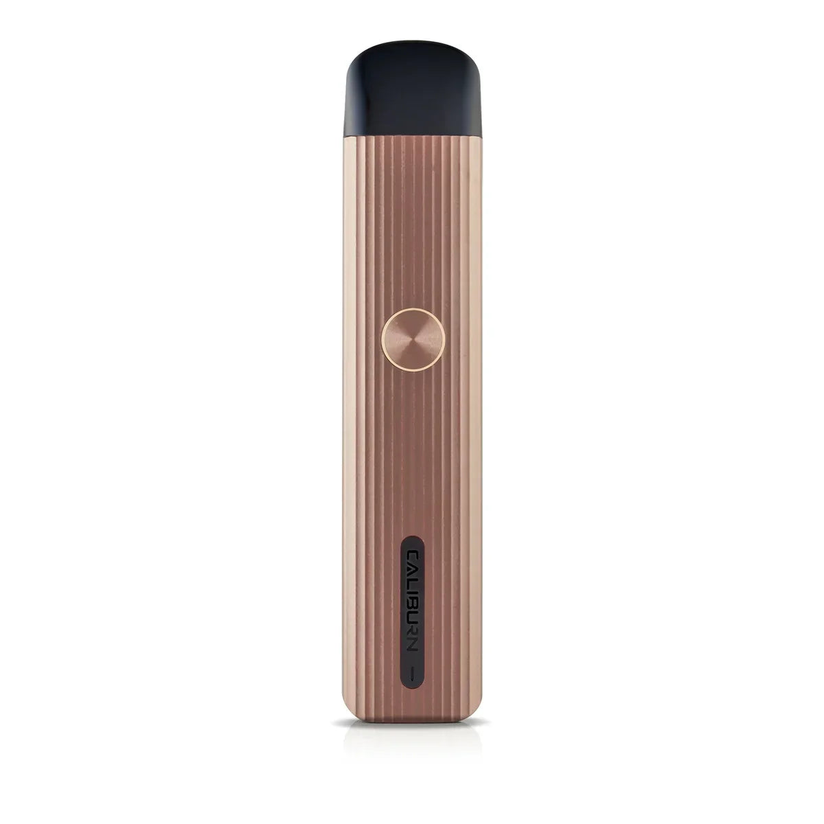Uwell Caliburn G Pod Kit in gray with vertical ridges, a gold fire button, and black mouthpiece.