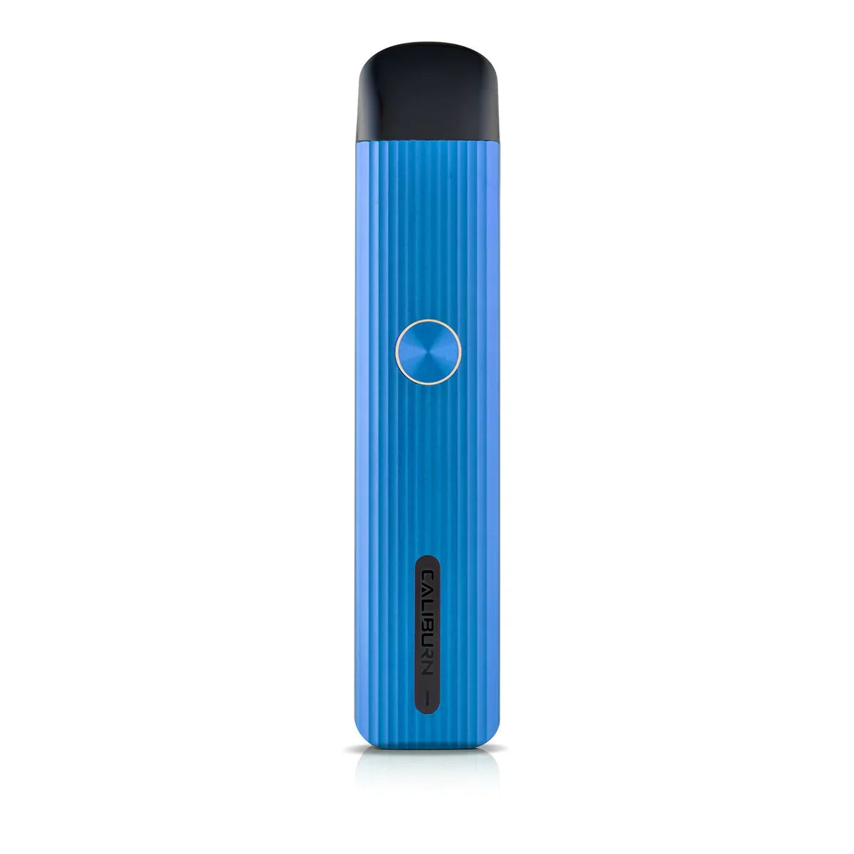 Uwell Caliburn G Pod Kit in gray with vertical ridges, a gold fire button, and black mouthpiece.