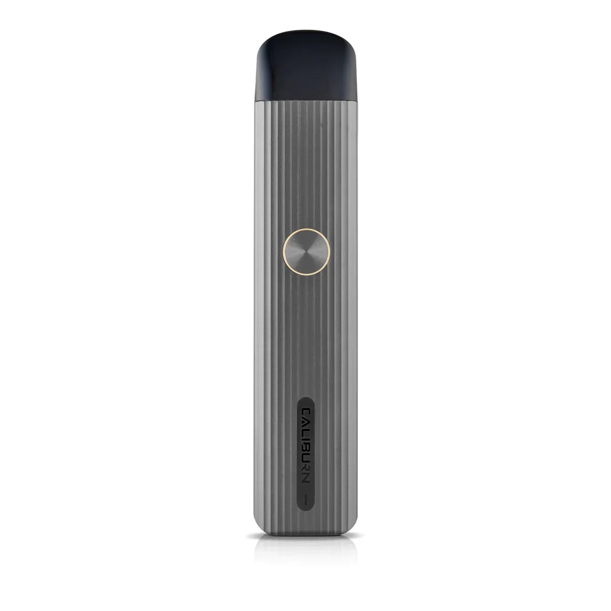 Uwell Caliburn G Pod Kit in gray with vertical ridges, a gold fire button, and black mouthpiece.