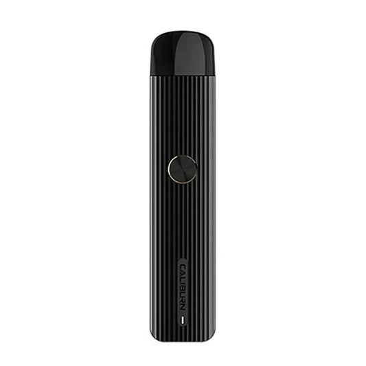 Uwell Caliburn G Pod Kit in gray with vertical ridges, a gold fire button, and black mouthpiece.