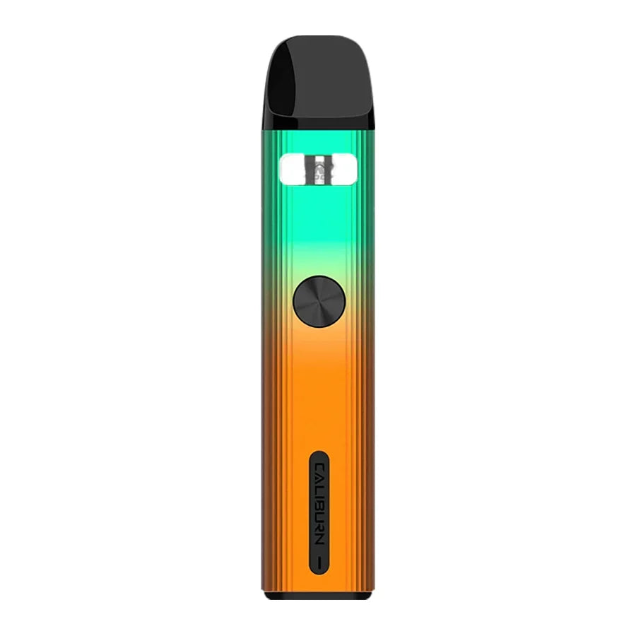 Uwell Caliburn G2 Pod Kit in gradient green to orange, sleek design with black mouthpiece and button.
