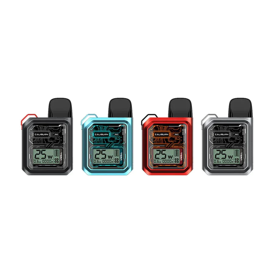 Uwell Caliburn GK3 Pod Kit in silver with screen, black pod, and brown leather-look accents.