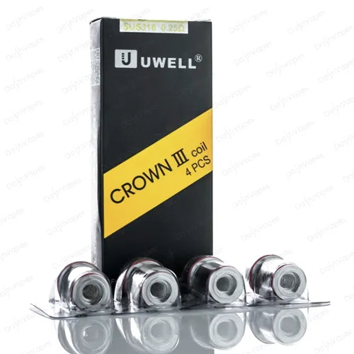 Uwell Crown 3 replacement coils in a 4-pack, featuring stainless steel construction and a black and yellow box.
