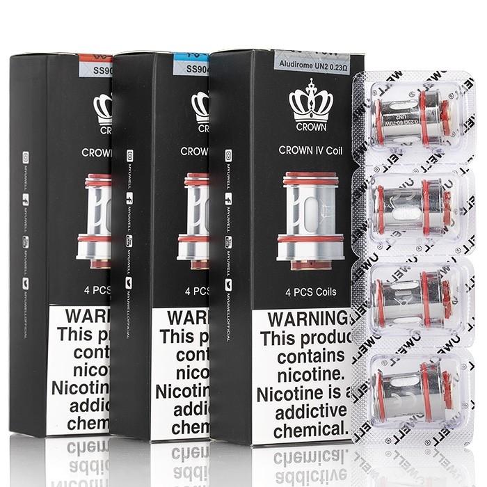 Uwell Crown 4 replacement coils, 4-packs in black boxes with red-accented coils visible.