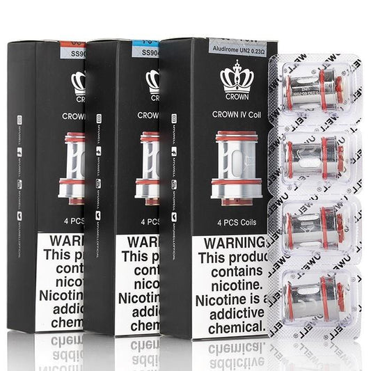 Uwell Crown 4 replacement coils, 4-packs in black boxes with red-accented coils visible.