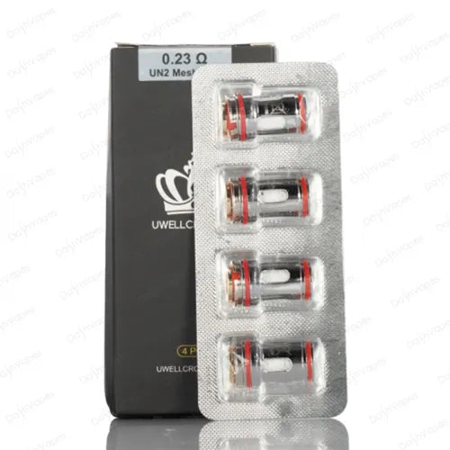 Uwell Crown 5 0.23Ω UN2 Mesh replacement coils, 4-pack in blister packaging, next to the black box.