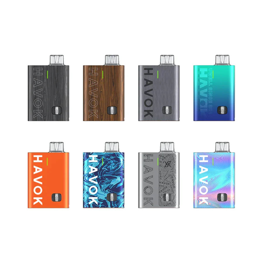 Eight Uwell Havok R Pod Mod Kits in various colors and textures, including wood grain, metallic, and vibrant patterns.